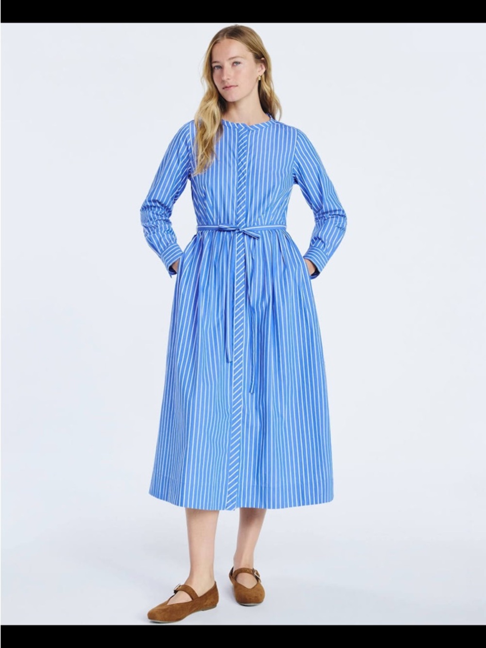 Blue Striped Long-Sleeve Midi Dress with Self-Tie Waist